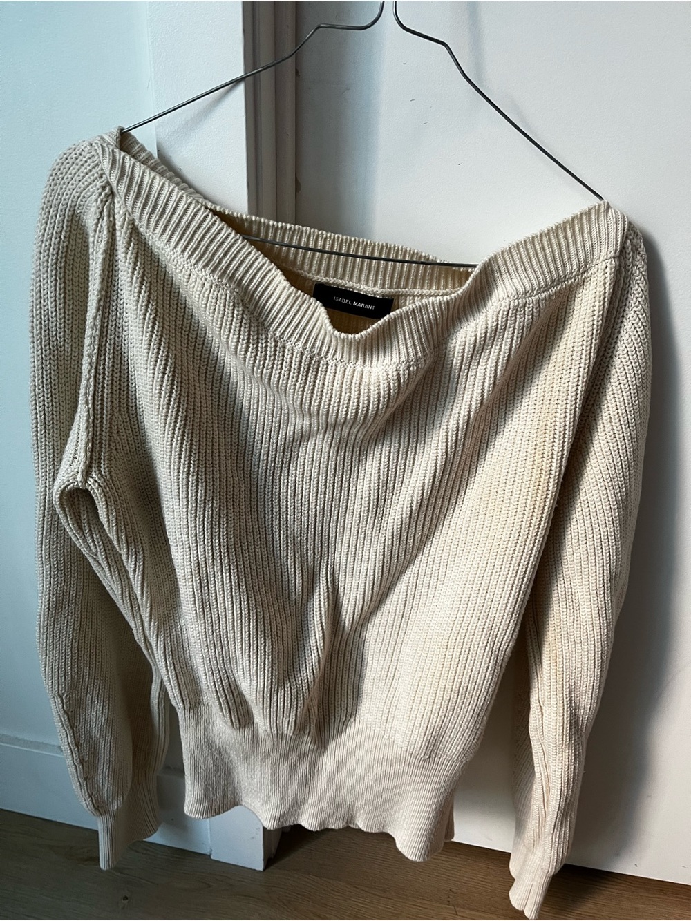 Isabel Marant Off-Shoulder Neutral Ribbed Sweater